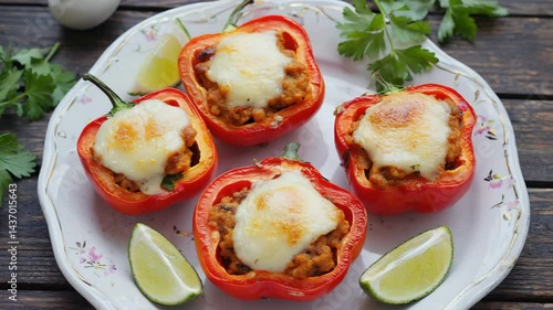 Rocoto relleno, Peruvian dish with stuffed peppers, ground meat, and cheese, colorful and vibrant setting, rustic wooden table, soft natural lighting
