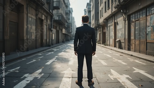 Man in Suit Standing on Street with Directional Arrows