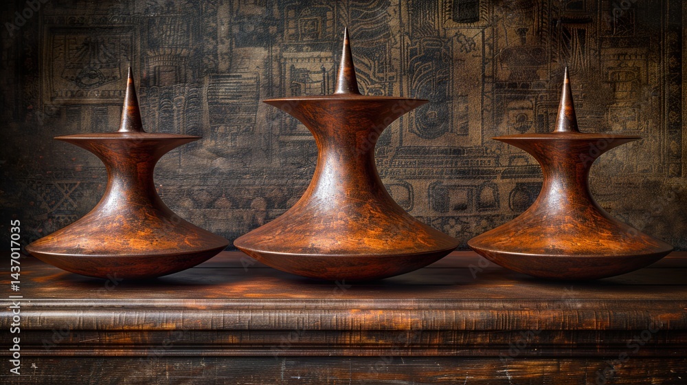 Three dimensional render of three metallic spinning tops balancing on top of each other Three dimensional render of three metallic spinning tops balancing on top of each other