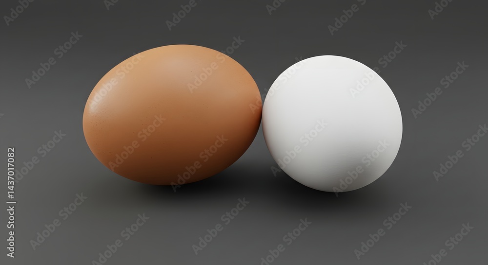 A close up shot of two chicken eggs one brown and one white on a dark gray surface in a studio setting A close up shot of two chicken eggs one brown and one white on a dark gray surface in a studio setting