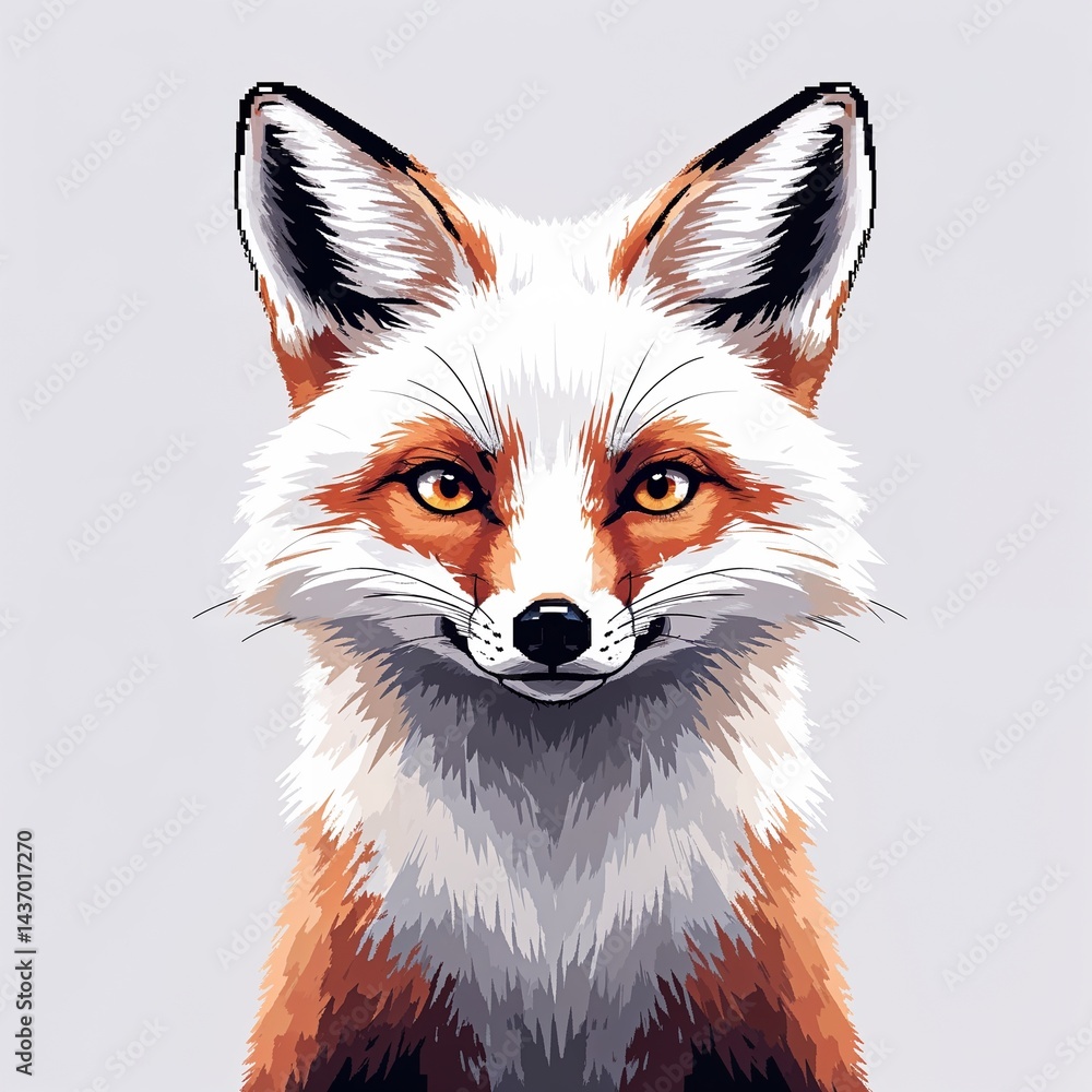 Fototapeta premium White Fox square pixel art cartoon design on plain white background illustration