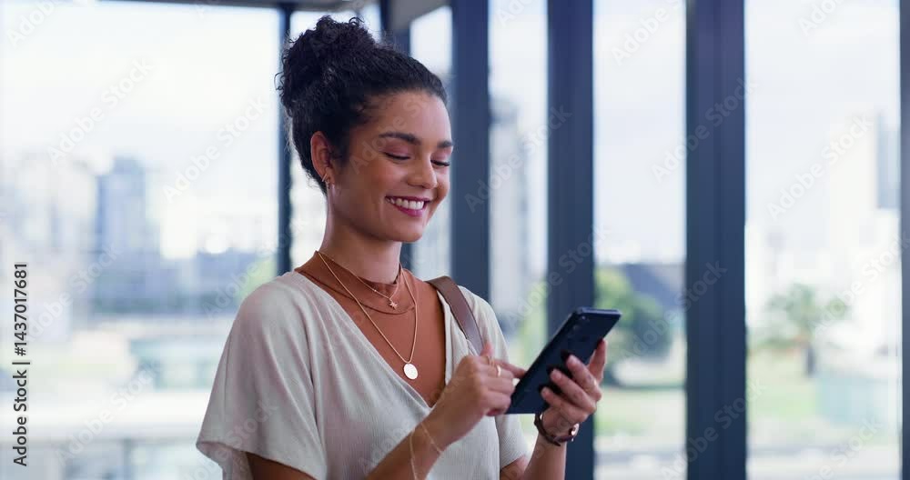 Woman, phone texting and office with meme on social media break and scroll on the internet at work. Happy, app and mobile networking with technology at public relations agency online with laughing