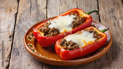 Rocoto relleno, Peruvian dish with stuffed peppers, ground meat, and cheese, rustic wooden table, soft natural lighting
