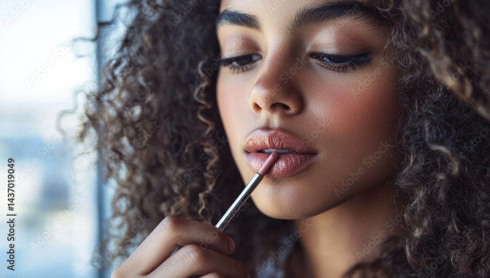 Obraz premium Woman applying lip gloss near window.