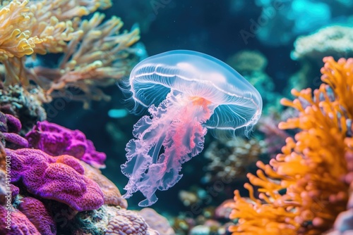 A jellyfish with a translucent body floats among colorful corals, creating a serene underwater scene, enhanced by filtered sunlight.