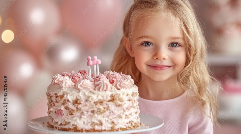 Smiling Girl Holding Pink Birthday Cake with Balloons in Background Smiling Girl Holding Pink Birthday Cake with Balloons in Background