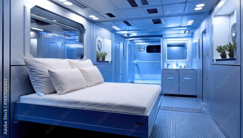 Obraz premium Exploring the calm blue sleeping module interior space photography serene environment panoramic view high fidelity
