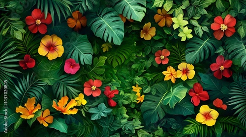 Lush Tropical Flowers and Leaves Background