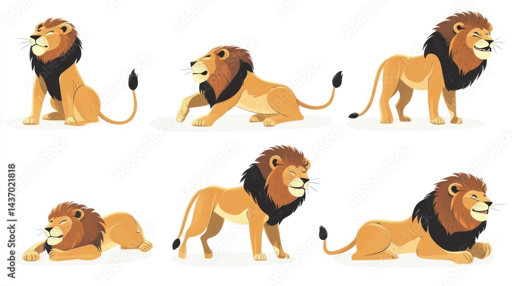 Fototapeta premium Six lions in various poses, white background, African wildlife illustration, children's book