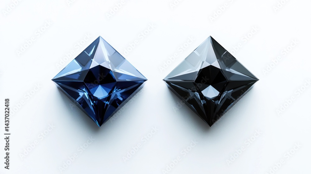 Two square-cut gemstones, blue and black, on white background; jewelry advertising Two square-cut gemstones, blue and black, on white background; jewelry advertising