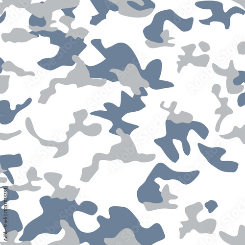 Abstract Camouflage Seamless Pattern for Textile Print on Fabric – Grey and Slate Blue Military-Inspired Design