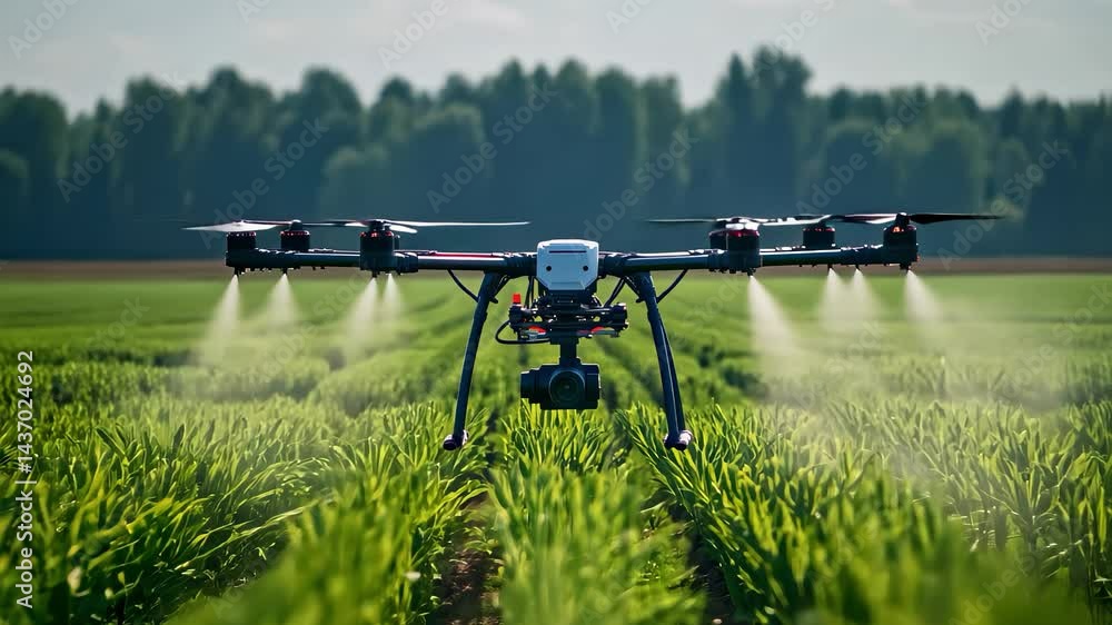 Agricultural drone spraying pesticide in field Agricultural drone spraying pesticide in field