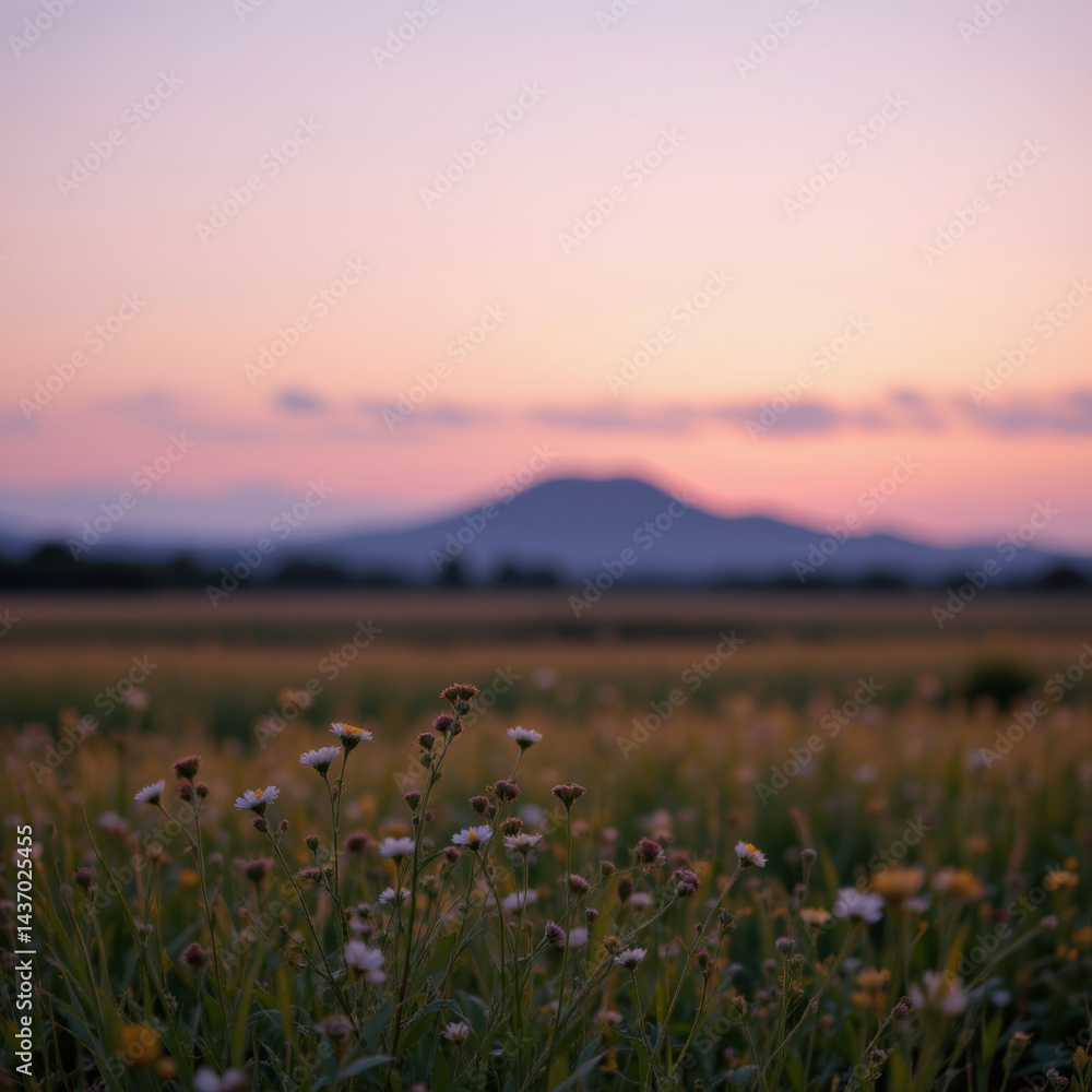 Naklejka premium Serene landscape unfolds featuring field of wildflowers under pastel sky at sunset, with distant mountains creating tranquil backdrop