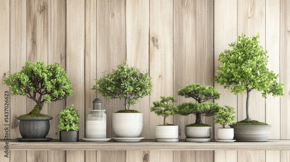 Indoor bonsai garden arranged on a low shelf against natural wood paneling Indoor bonsai garden arranged on a low shelf against natural wood paneling