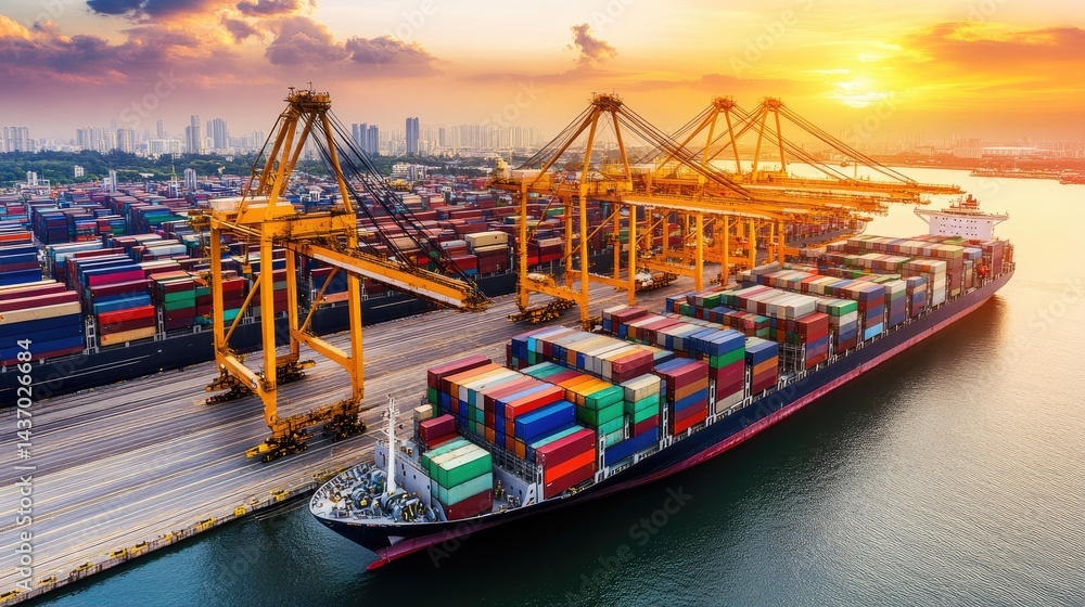 Naklejka premium Industrial shipping cranes at work during sunrise at a container port