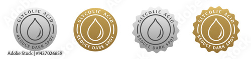 skincare ingredients glycolic acid, badge, seal, stamp, sticker, logo, silver, gold. body care, beauty product, cosmetic, make up, skin treatment for reduce dark spot