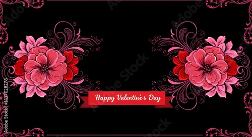 Immerse yourself beautiful abstract color pink red flowers depicted graphically deep black accented delicate light black pink flower frame rich texture pink leaves creating romantic dark perfect