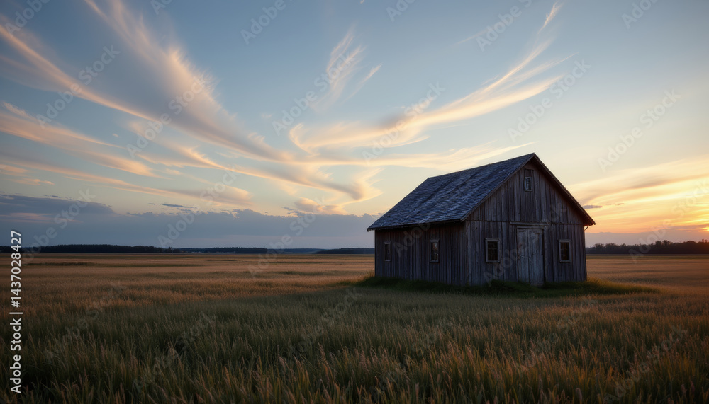 Rustic wooden house stands alone in vast golden field, bathed in warm glow of sunset. sky is adorned with wispy clouds, creating serene and tranquil atmosphere