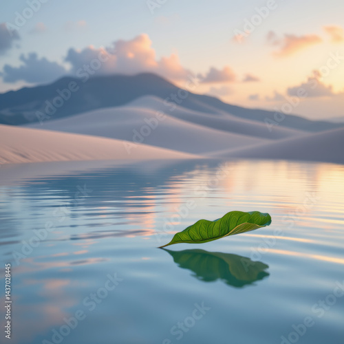Serene landscape unfolds with gently rippling water reflecting vibrant green leaf, surrounded by soft sand dunes and distant mountains under colorful sky