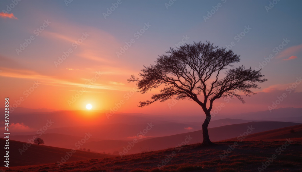 Serene landscape unfolds with solitary tree silhouetted against vibrant sunset, casting tranquil atmosphere over rolling hills and distant mountains Serene landscape unfolds with solitary tree silhouetted against vibrant sunset, casting tranquil atmosphere over rolling hills and distant mountains