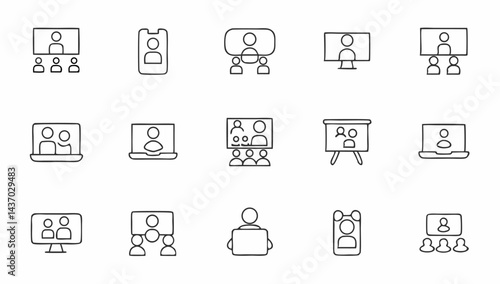 set of video conference line icons  meeting  onlin.eps