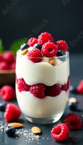 Wallpaper Mural Freshly made yogurt parfait topped with raspberries, blackberries, and almonds in glass jar, morning, granola parfait Torontodigital.ca