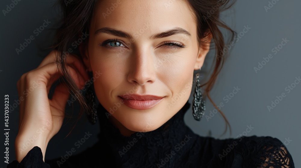 Obraz premium Close-up portrait of a woman with blue eyes, wearing a black lace top and large dangling earrings, winking 