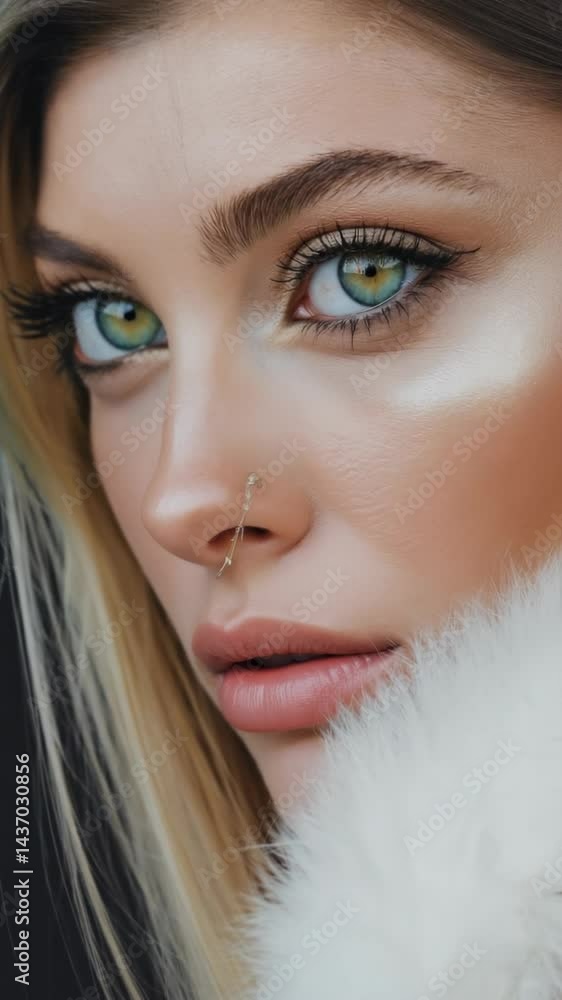 Woman with alluring green eyes, nose piercing, shiny skin and fluffy white fur on her neck looking into the camera Woman with alluring green eyes, nose piercing, shiny skin and fluffy white fur on her neck looking into the camera