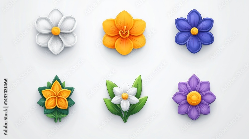 Naklejka premium Six various decorative flower icons on a white surface for app interface or game