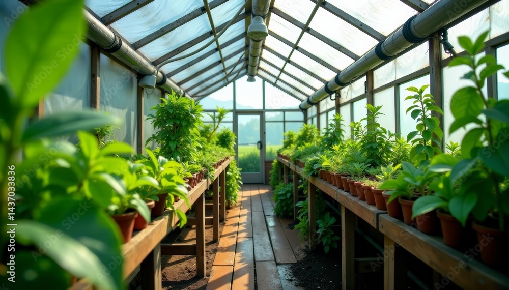 Greenhouse filled with various plants and tubes connected to computers, eco-conscious, plant biotechnology Greenhouse filled with various plants and tubes connected to computers, eco-conscious, plant biotechnology
