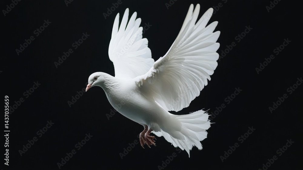Obraz premium Majestic White Dove in Flight on black background