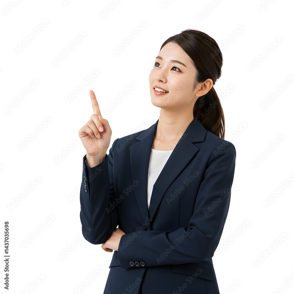 Young woman in business attire pointing upwards with a smile on a white background in a studio shot Young woman in business attire pointing upwards with a smile on a white background in a studio shot