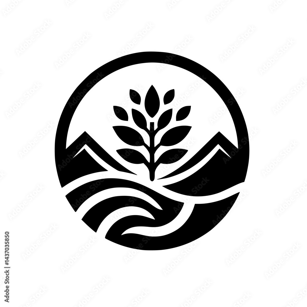 Minimalist Nature Icon: Tree, Mountains, and Water in Circle Minimalist Nature Icon: Tree, Mountains, and Water in Circle