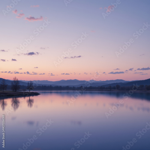 Serene landscape featuring tranquil lake at dawn, with soft pastel colors reflecting on water surface. distant mountains create peaceful backdrop, enhancing calm atmosphere