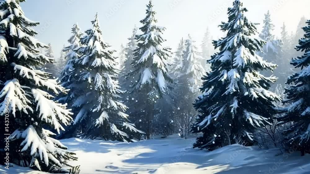 Snowcovered forest transformation during gentle snowfall in winter landscape Snowcovered forest transformation during gentle snowfall in winter landscape