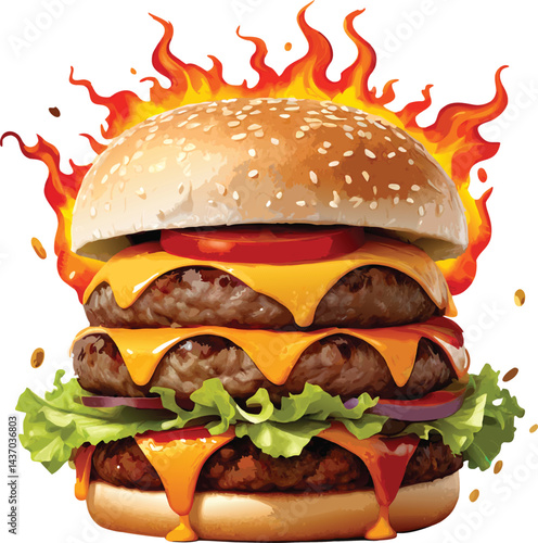 Epic Triple Cheeseburger | Juicy Burger with Melting Cheese and Flames | Ultimate Food Art for Burger LoversPrint
