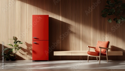 Modern red refrigerator in a light-filled room