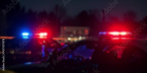Nighttime emergency scene flashing police lights, blurred background, crime investigation