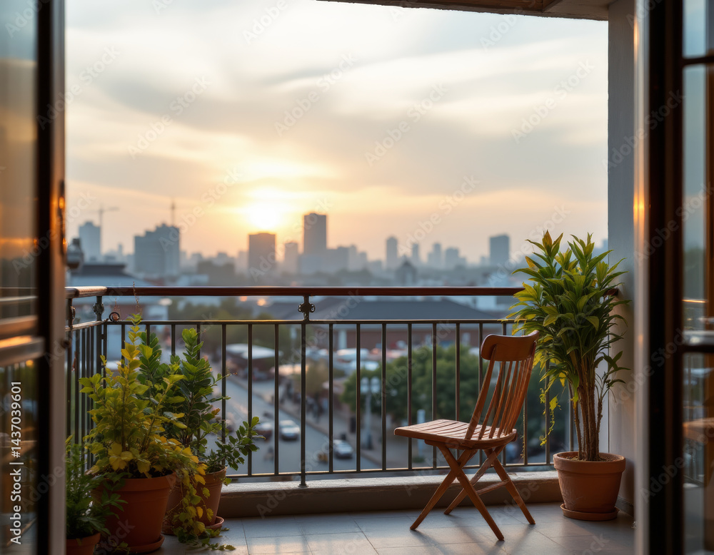Fototapeta premium Serene balcony view showcasing wooden chair and potted plants, overlooking city skyline at sunset. warm hues of sky create peaceful atmosphere, inviting relaxation and contemplation