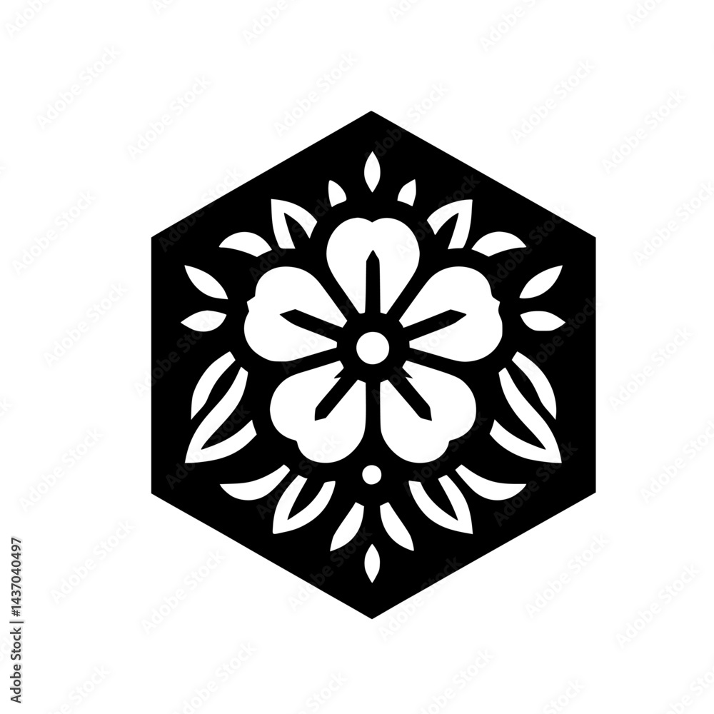 Floral Geometric Design in Black and White, Isolated on White Floral Geometric Design in Black and White, Isolated on White