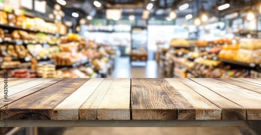 Wooden Tabletop in Grocery Store Wooden Tabletop in Grocery Store
