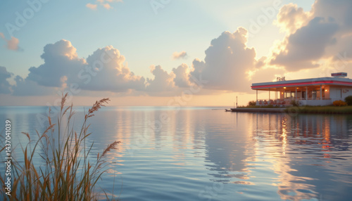 Tranquil waterfront scene at dawn featuring calm lake reflecting fluffy clouds and charming building by shore. soft light creates peaceful atmosphere, inviting relaxation
