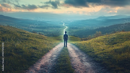 Man standing on a path, looking towards a distant horizon