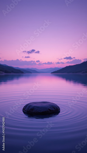 Tranquil lake scene featuring solitary stone in foreground, surrounded by gentle ripples. sky is painted in soft purple hues, reflecting on water surface, creating serene atmosphere