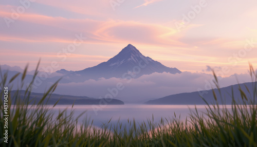 Breathtaking mountain landscape at sunrise, featuring majestic peak surrounded by soft clouds and tranquil lake reflecting colorful sky. lush grass in foreground adds to serene atmosphere