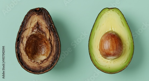 Wallpaper Mural Comparison of fresh and rotten avocado halves side by side on a light blue background surface view Torontodigital.ca