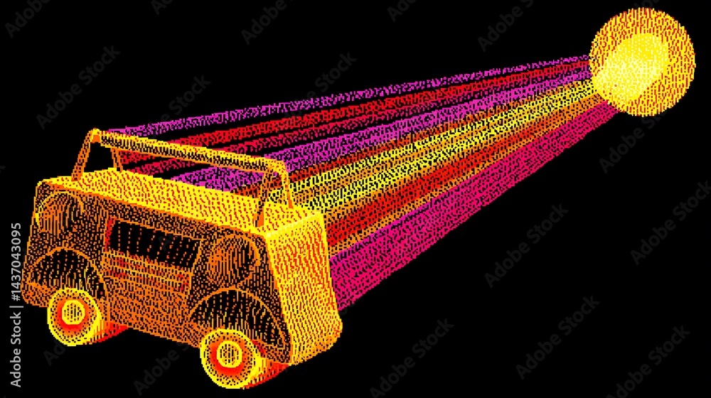 Naklejka premium A stylized, cartoon-like cassette player emitting sound waves as multicolored lines against a black background