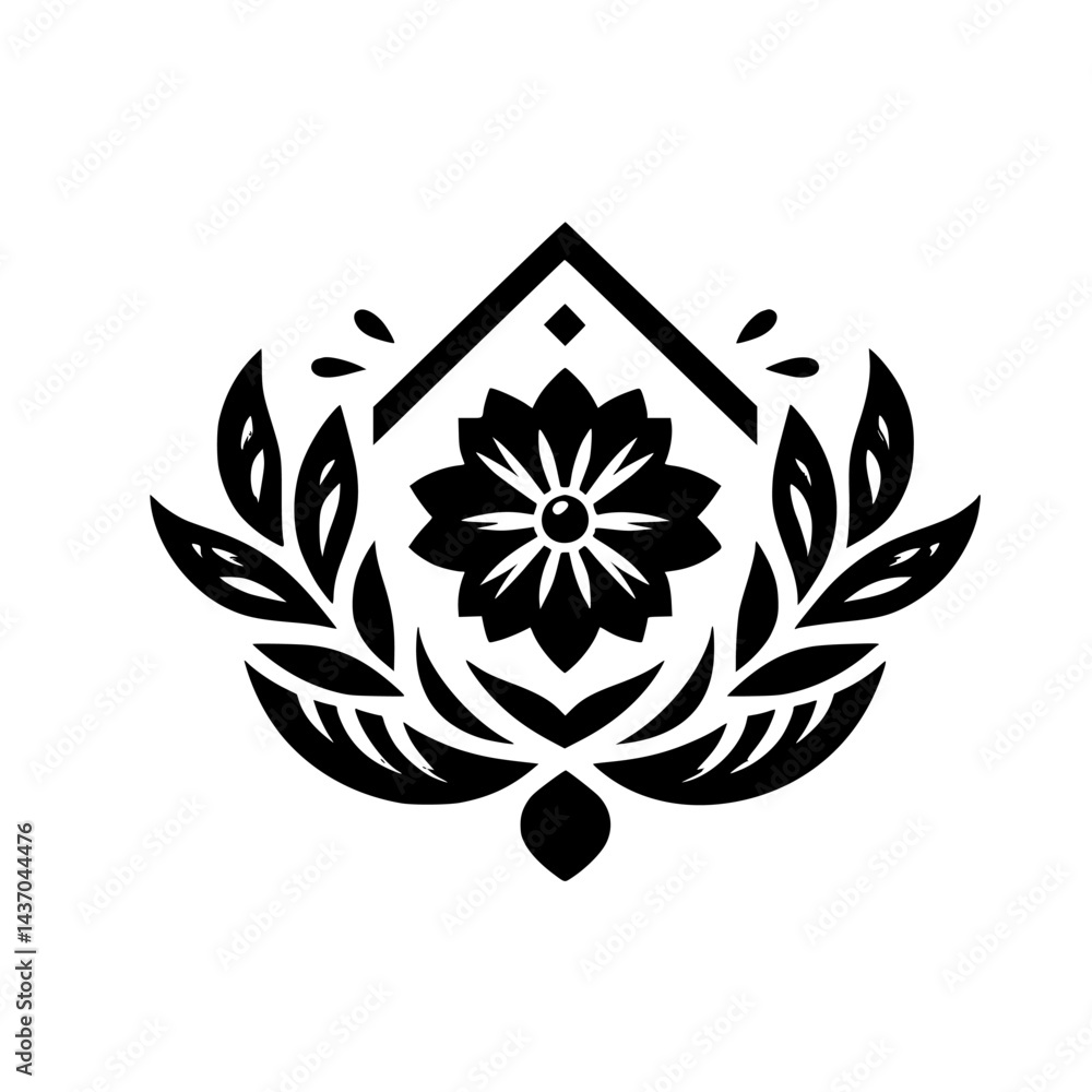 Fototapeta premium Black Floral Ornament: Minimalist, Decorative Design Element on White Background