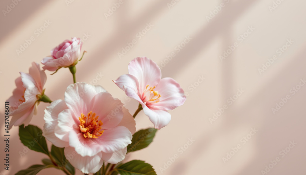 Obraz premium Beautiful arrangement of soft pink flowers with delicate petals and vibrant orange centers, set against light background, creating serene and calming atmosphere