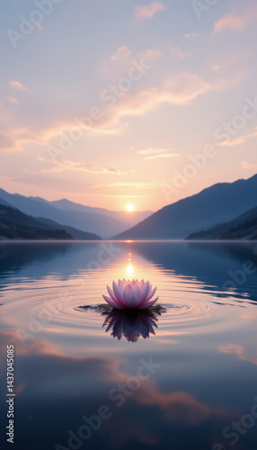 Tranquil scene of pink lotus flower floating on calm water, surrounded by mountains under pastel sky at sunset, evoking sense of peace and serenity